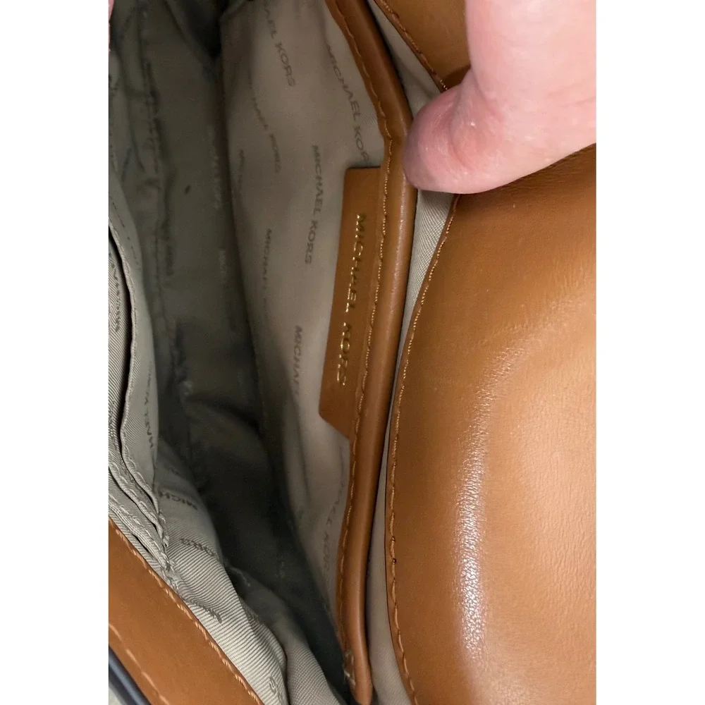 Michael Kors Tan Leather Suede Saddle Crossbody Bag Gold Chain Logo Brown Small
